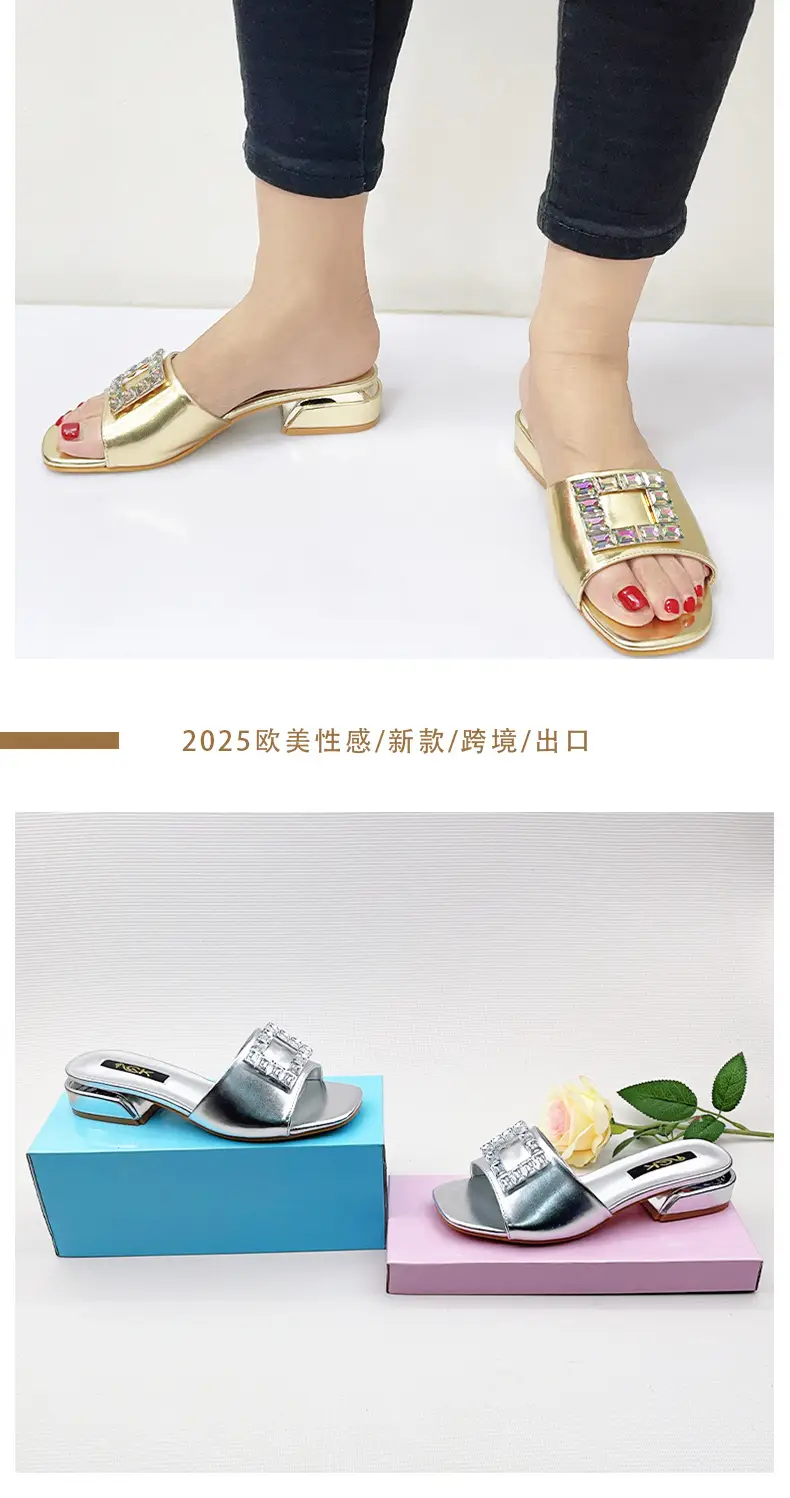 One-Line European and American Foreign Trade Large Size Rhinestone Flat Square Toe Slippers for Women to Wear Square Buckle Lightweight Beach Sandals Wholesale — feature 2