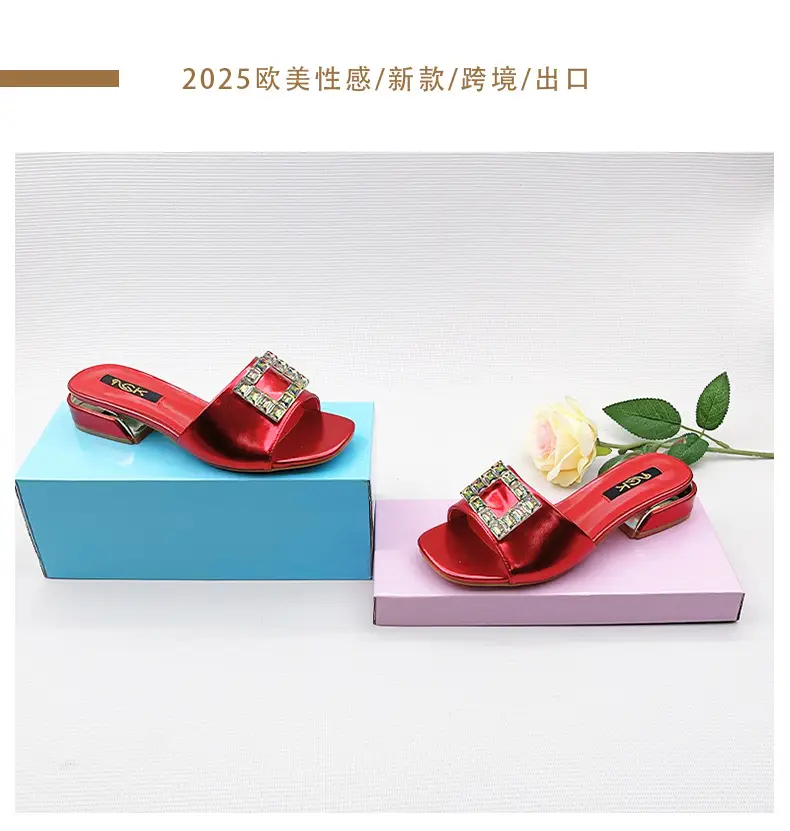 One-Line European and American Foreign Trade Large Size Rhinestone Flat Square Toe Slippers for Women to Wear Square Buckle Lightweight Beach Sandals Wholesale — feature 4