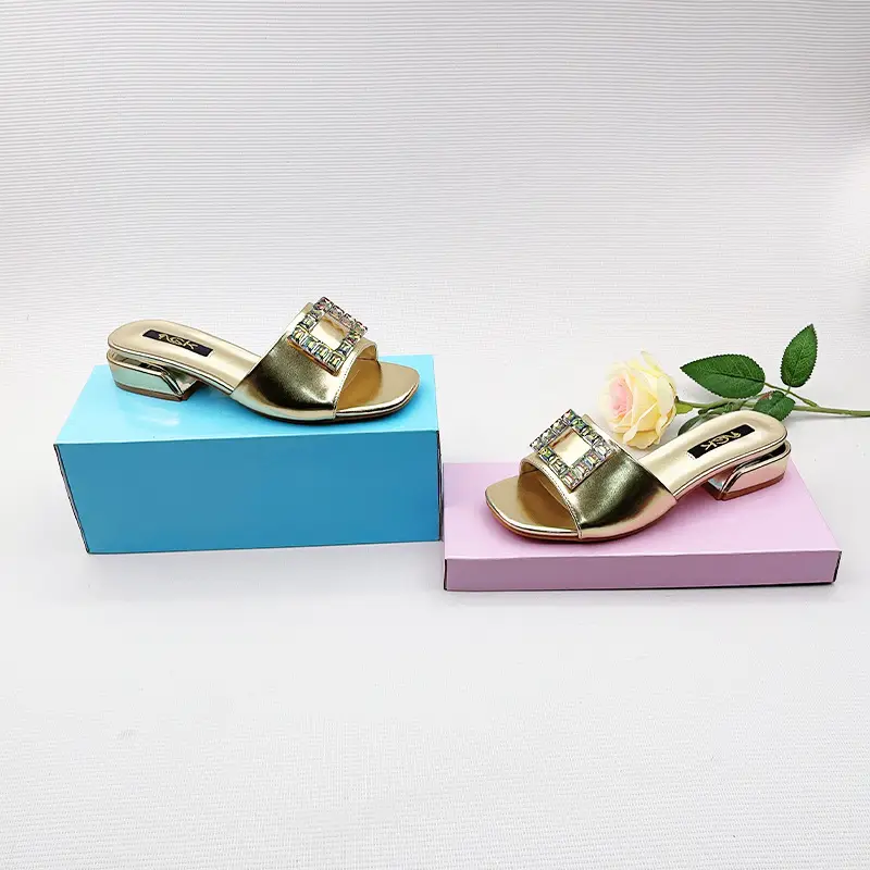 One-Line European and American Foreign Trade Large Size Rhinestone Flat Square Toe Slippers for Women to Wear Square Buckle Lightweight Beach Sandals Wholesale - Image 3