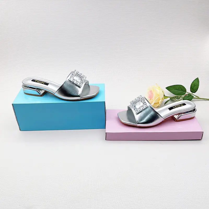 One-Line European and American Foreign Trade Large Size Rhinestone Flat Square Toe Slippers for Women to Wear Square Buckle Lightweight Beach Sandals Wholesale - Image 4