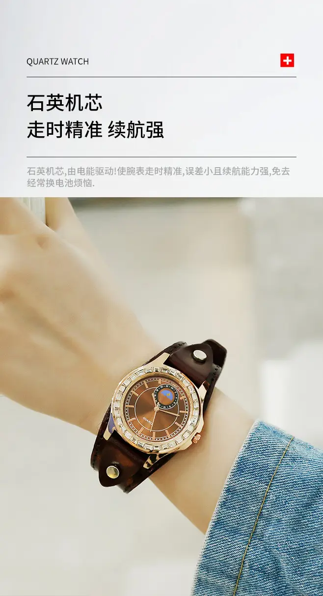 Women's Green Leather Quartz Watch with Rhinestone Dial — feature 7