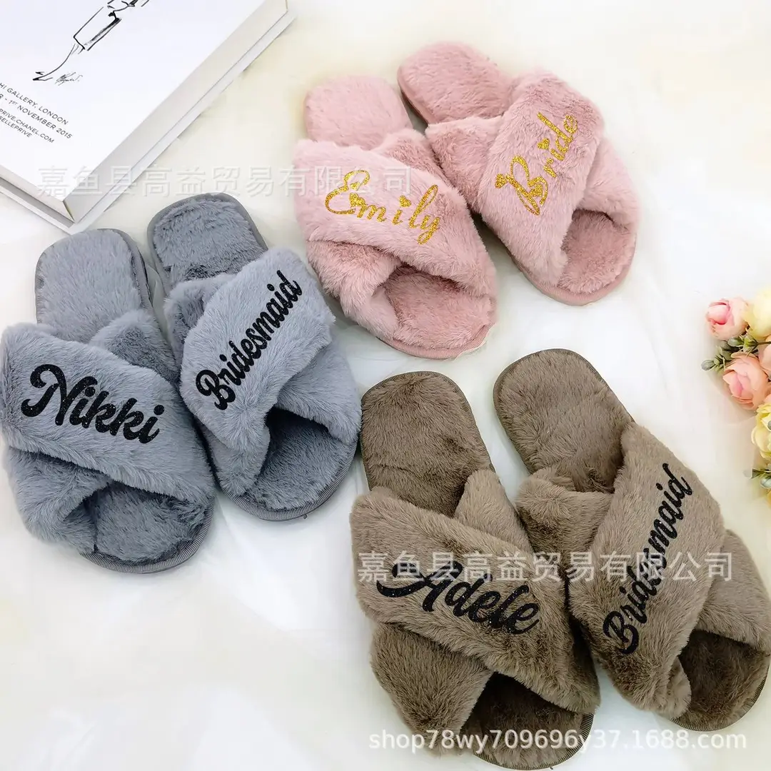 Etsy Personalized Cross-Border Popular Amazon Furry Slippers Women's Flats Home Floor Slippers Open Toe Cotton Slippers