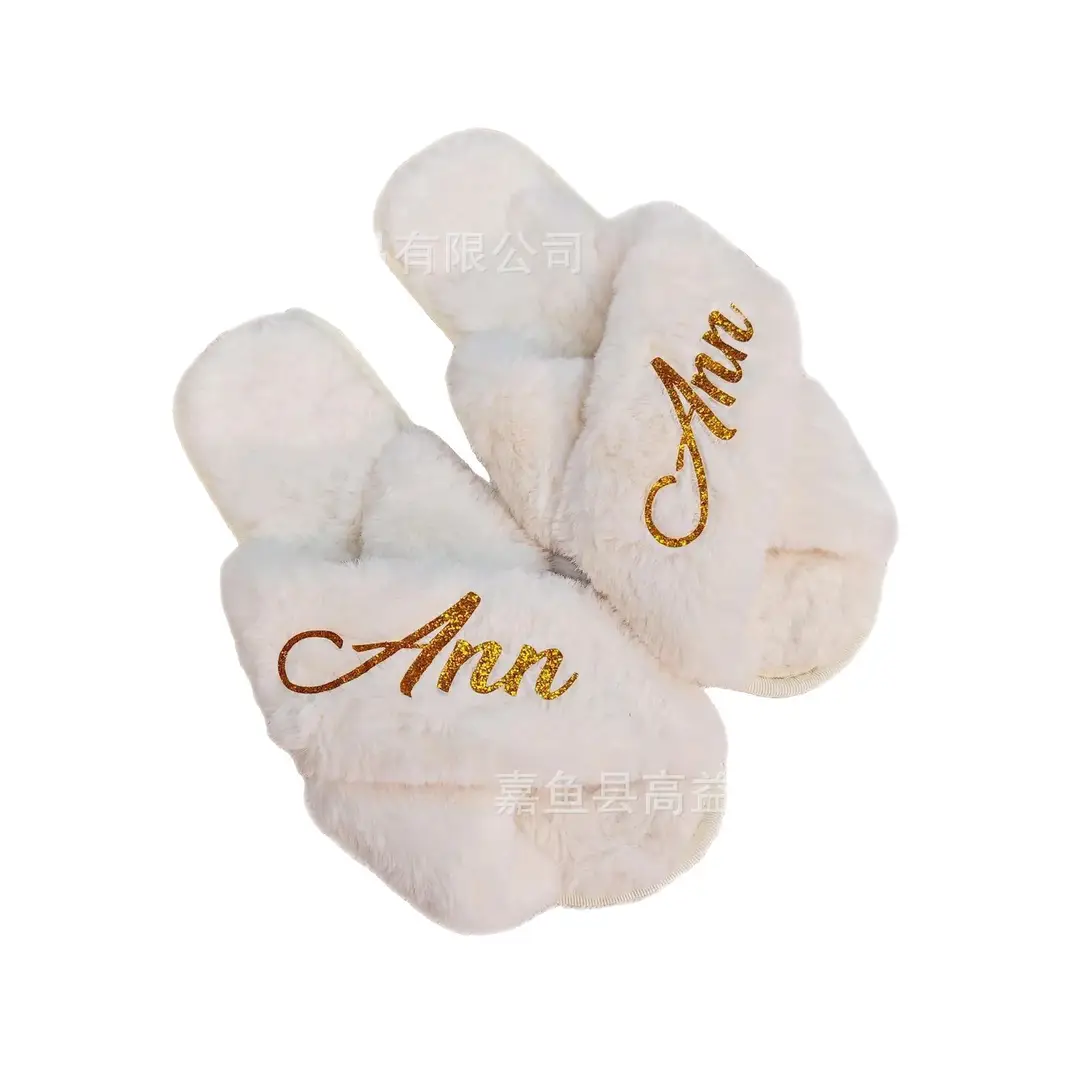 Etsy Personalized Cross-Border Popular Amazon Furry Slippers Women's Flats Home Floor Slippers Open Toe Cotton Slippers