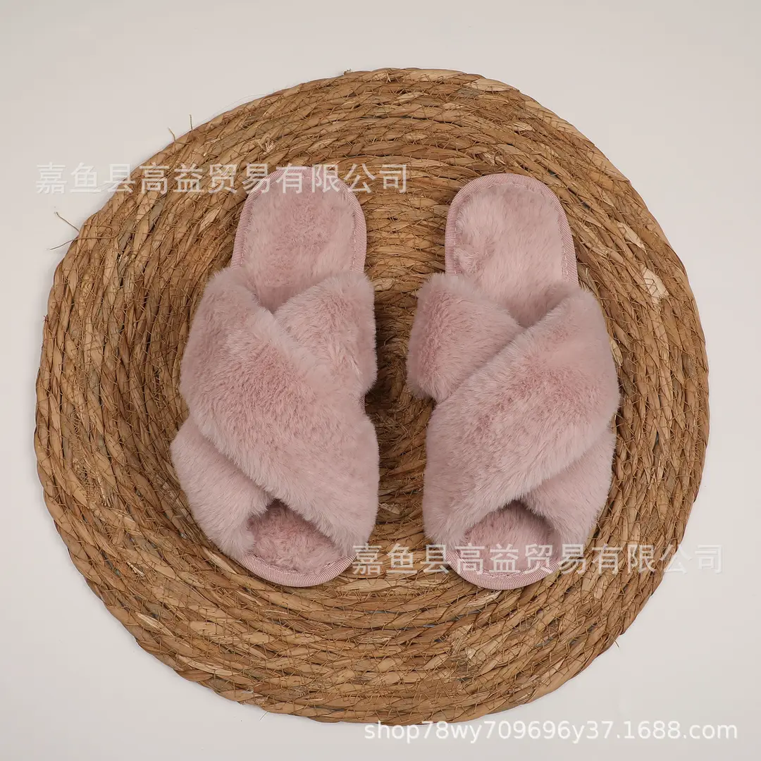 Etsy Personalized Cross-Border Popular Amazon Furry Slippers Women's Flats Home Floor Slippers Open Toe Cotton Slippers