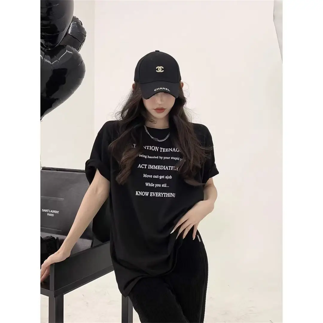Letter Print Short Sleeve Women's Summer New Hong Kong Style T-Shirt Casual Loose Ice Silk Cool Feeling Top with Ice Silk Texture