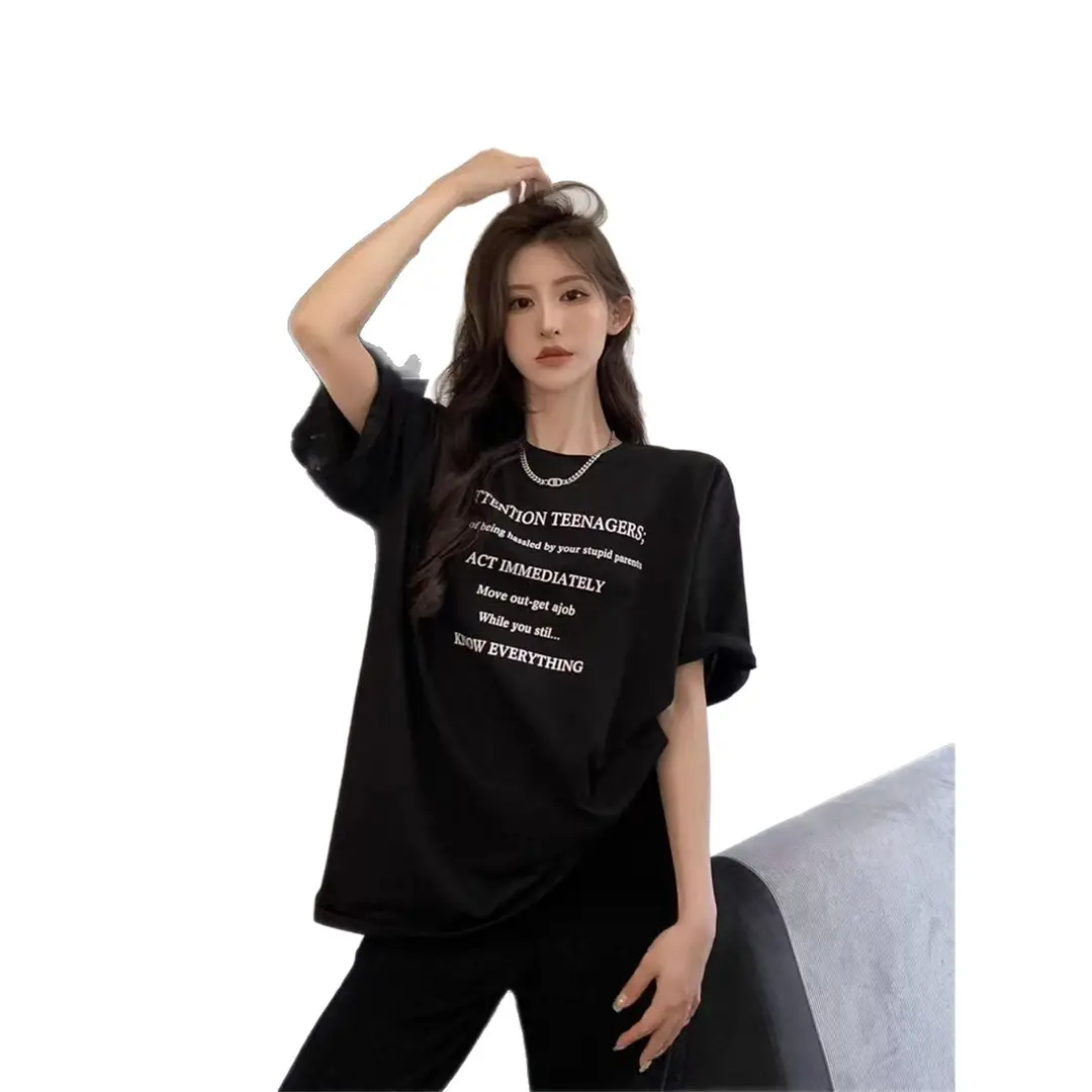 Letter Print Short Sleeve Women's Summer New Hong Kong Style T-Shirt Casual Loose Ice Silk Cool Feeling Top with Ice Silk Texture