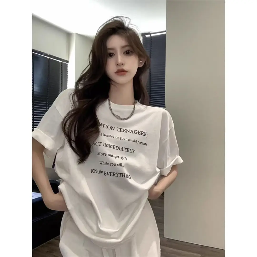 Letter Print Short Sleeve Women's Summer New Hong Kong Style T-Shirt Casual Loose Ice Silk Cool Feeling Top with Ice Silk Texture — feature 2