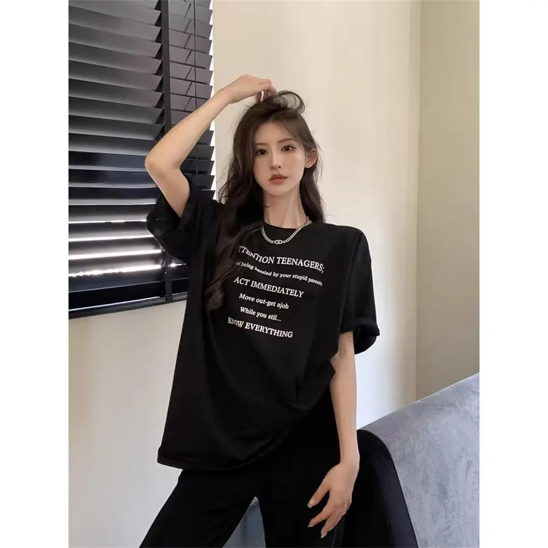 Letter Print Short Sleeve Women's Summer New Hong Kong Style T-Shirt Casual Loose Ice Silk Cool Feeling Top with Ice Silk Texture — feature 6
