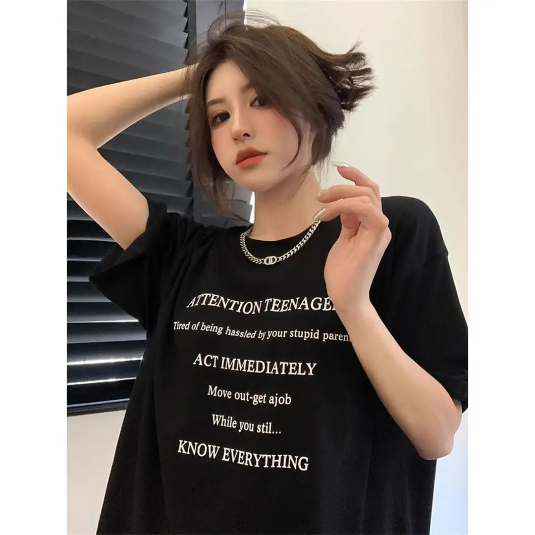 Letter Print Short Sleeve Women's Summer New Hong Kong Style T-Shirt Casual Loose Ice Silk Cool Feeling Top with Ice Silk Texture — feature 8