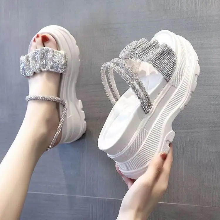 Rhinestone Two-Wear Sandals 2025 New Women's Summer Versatile Fairy Style Slippers Thick-Soled Platform Shoes One-Line Sandals - Image 2