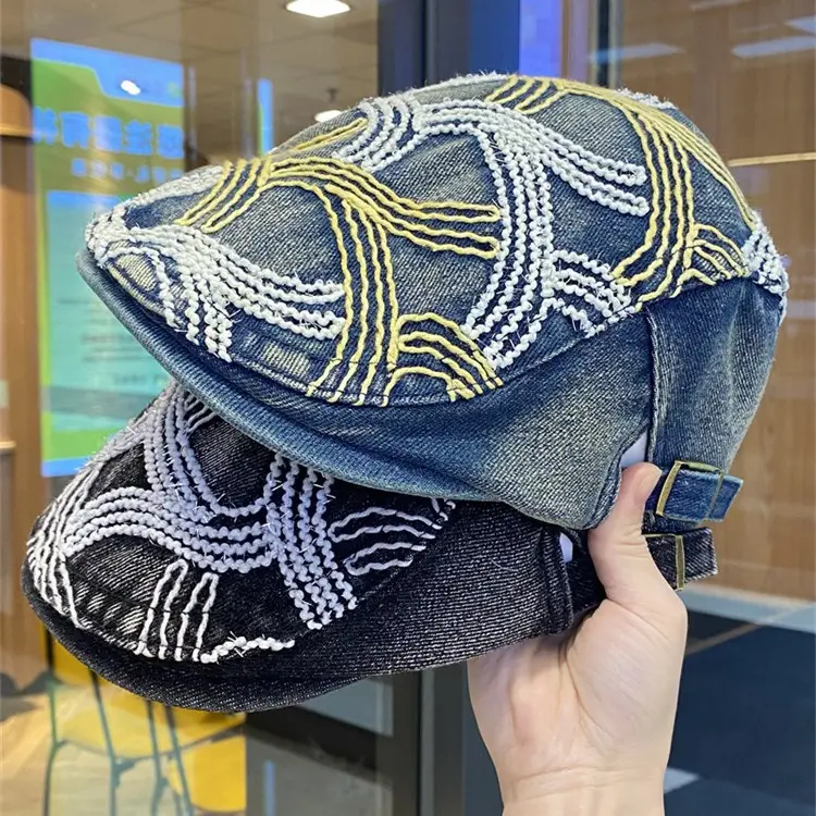 Women Embroidered Shiny Duckbill Cap Black White - Image 5