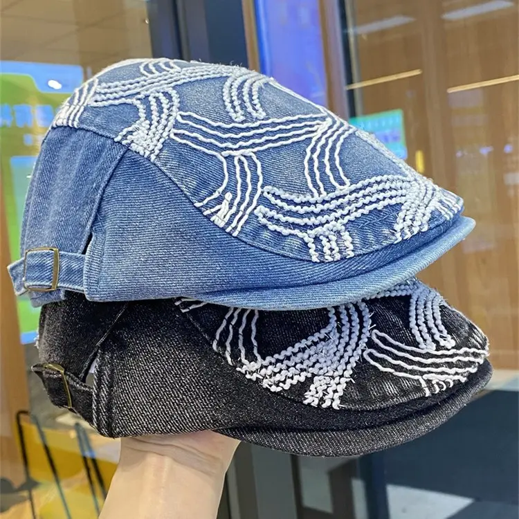 Women Embroidered Shiny Duckbill Cap Black White - Image 6