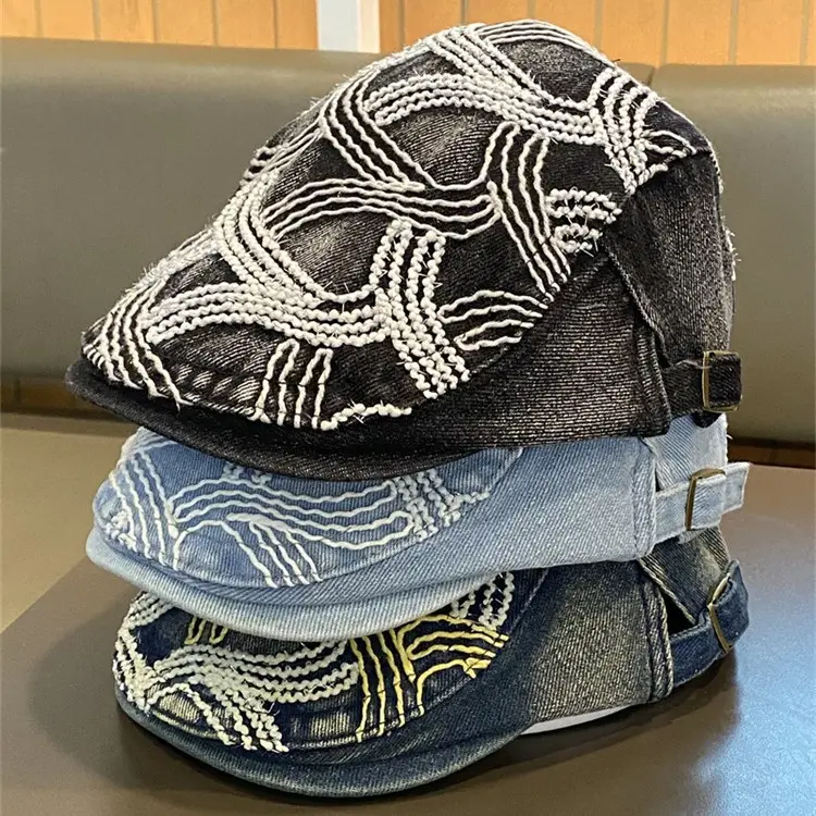Women Embroidered Shiny Duckbill Cap Black White - Image 7