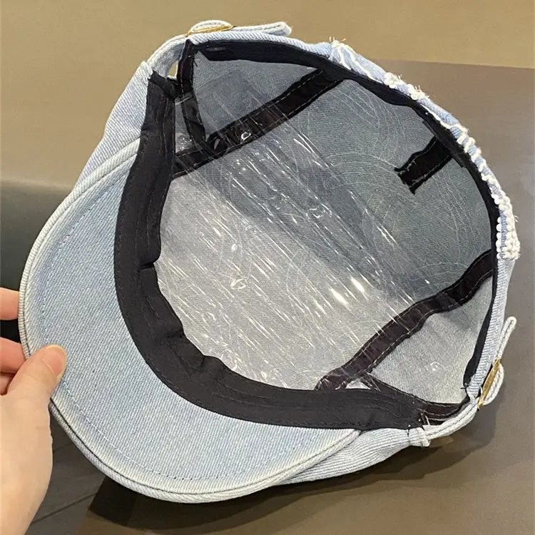Women Embroidered Shiny Duckbill Cap Black White - Image 8