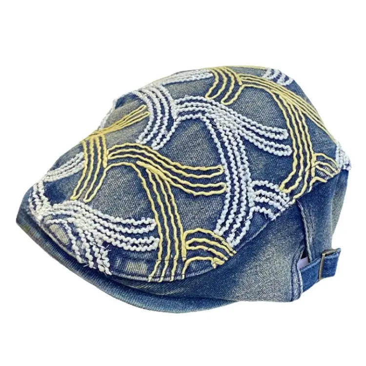 Women Embroidered Shiny Duckbill Cap Black White - Image 9