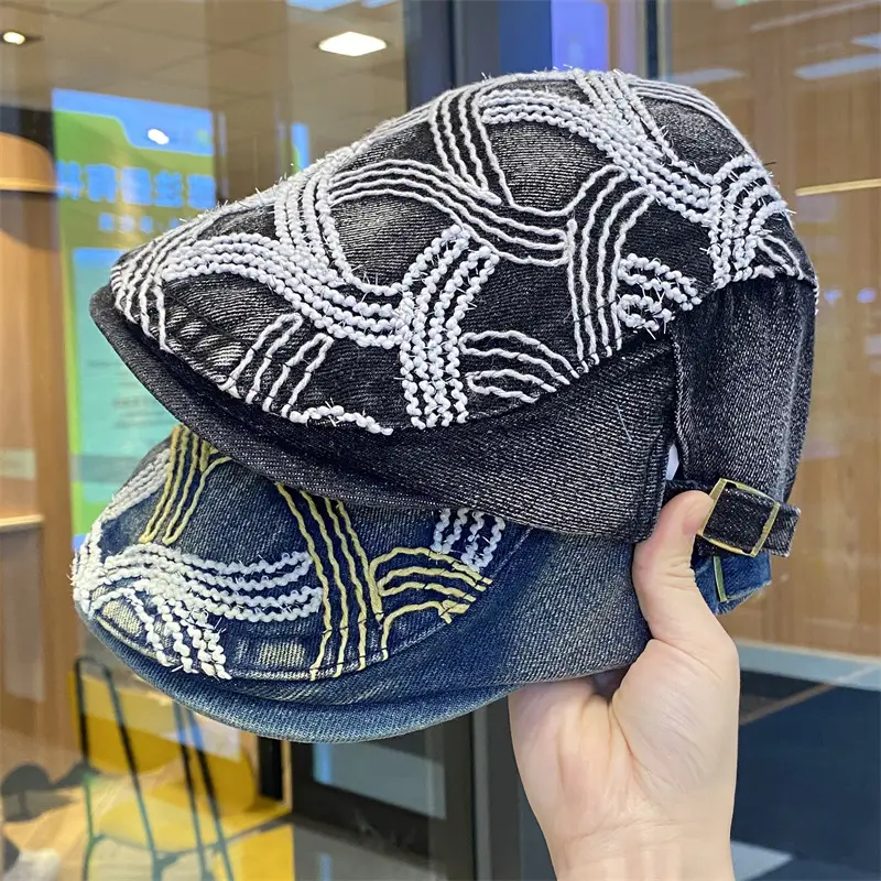 Women Embroidered Shiny Duckbill Cap Black White — feature 4