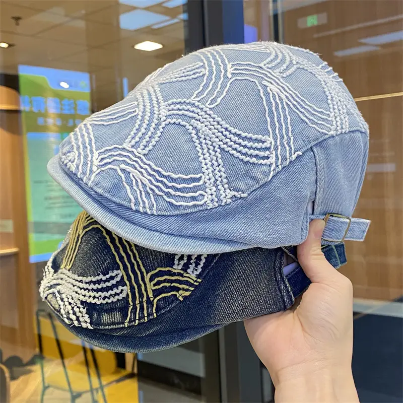Women Embroidered Shiny Duckbill Cap Black White — feature 5