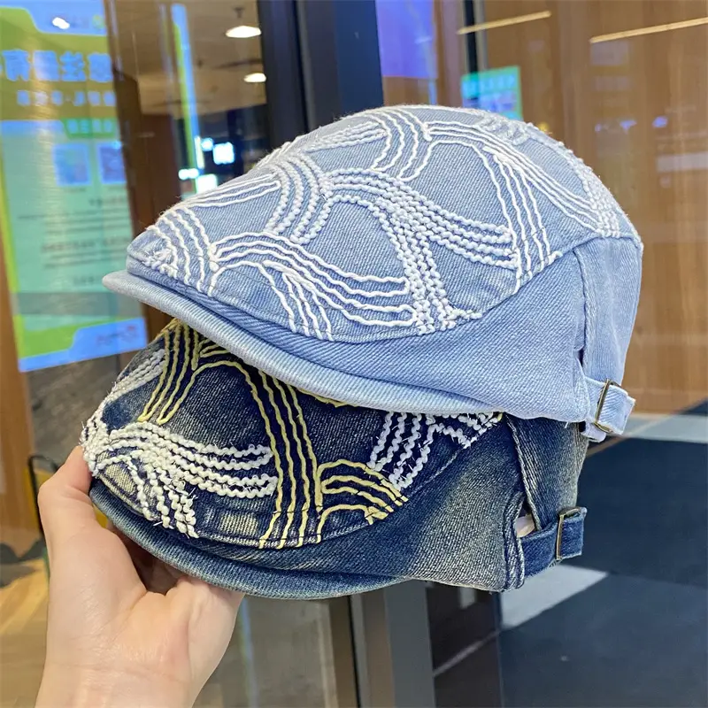 Women Embroidered Shiny Duckbill Cap Black White — feature 6