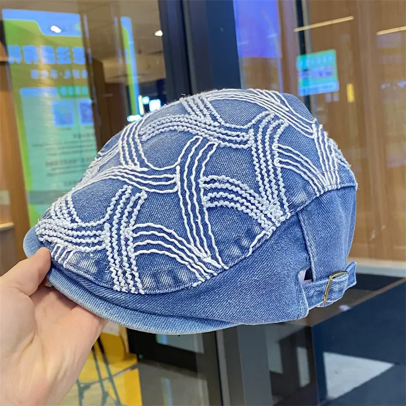 Women Embroidered Shiny Duckbill Cap Black White - Image 2