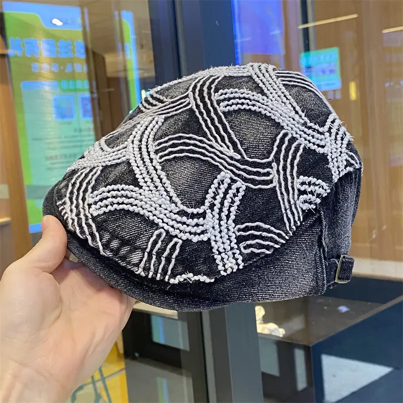 Women Embroidered Shiny Duckbill Cap Black White - Image 4