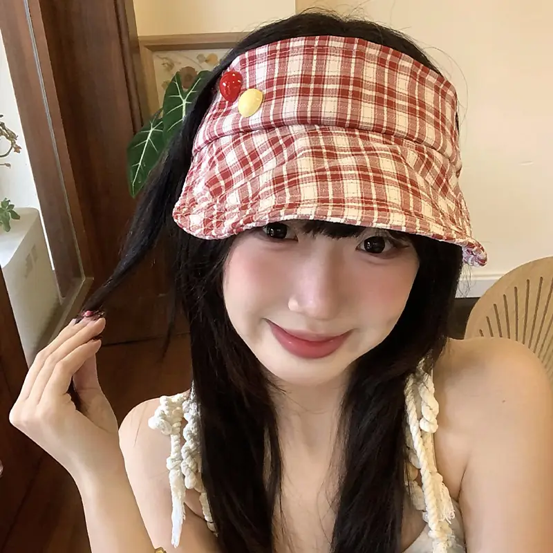 Japanese-Style Plaid Visor Hat for Women Summer Sunshade Cap