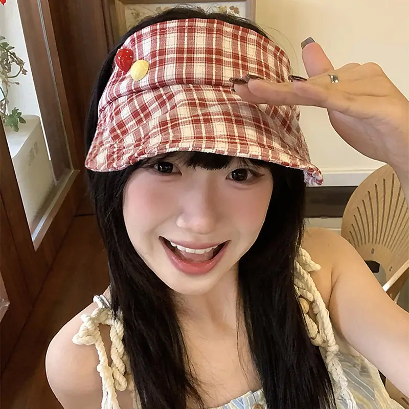 Japanese-Style Plaid Visor Hat for Women Summer Sunshade Cap