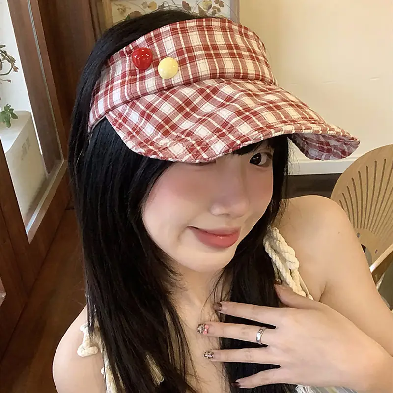 Japanese-Style Plaid Visor Hat for Women Summer Sunshade Cap