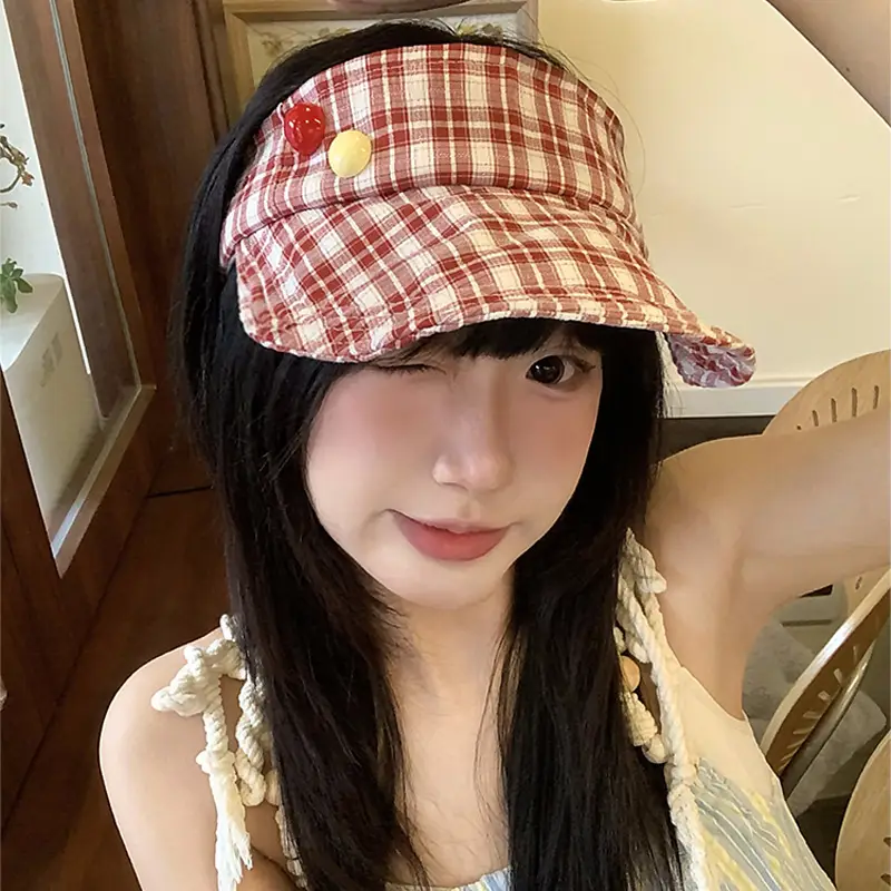 Japanese-Style Plaid Visor Hat for Women Summer Sunshade Cap