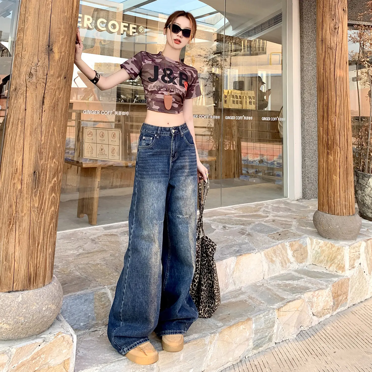 Women Retro Dark Blue High-Waist Jeans Wide Leg Floor Length