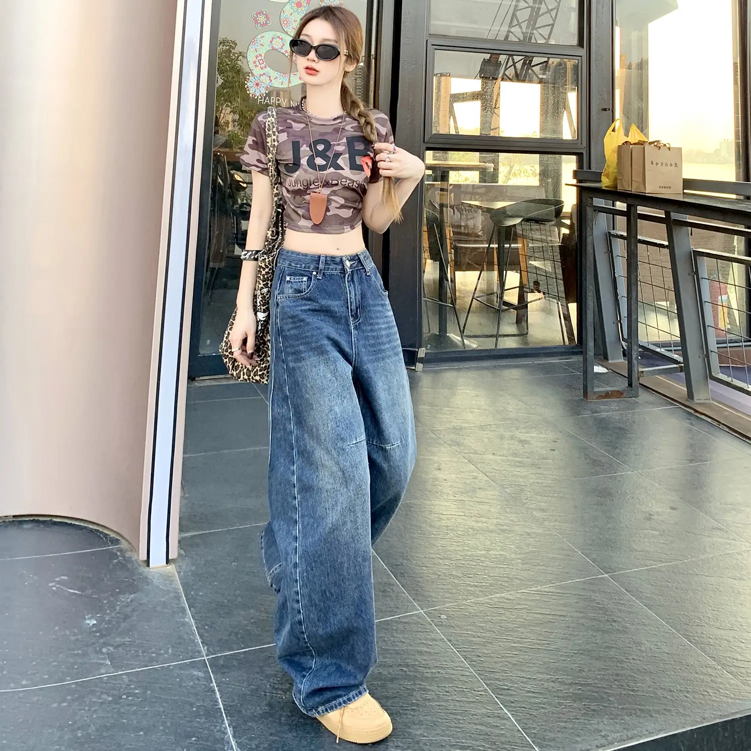 Women Retro Dark Blue High-Waist Jeans Wide Leg Floor Length