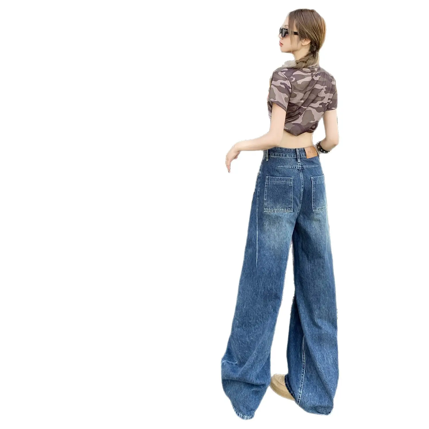 Women Retro Dark Blue High-Waist Jeans Wide Leg Floor Length