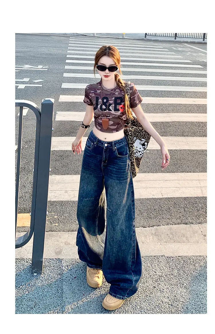 Women Retro Dark Blue High-Waist Jeans Wide Leg Floor Length — feature 10