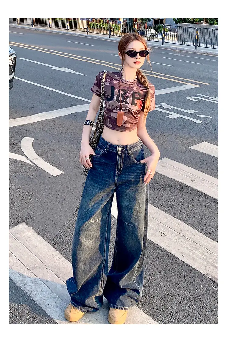 Women Retro Dark Blue High-Waist Jeans Wide Leg Floor Length — feature 11