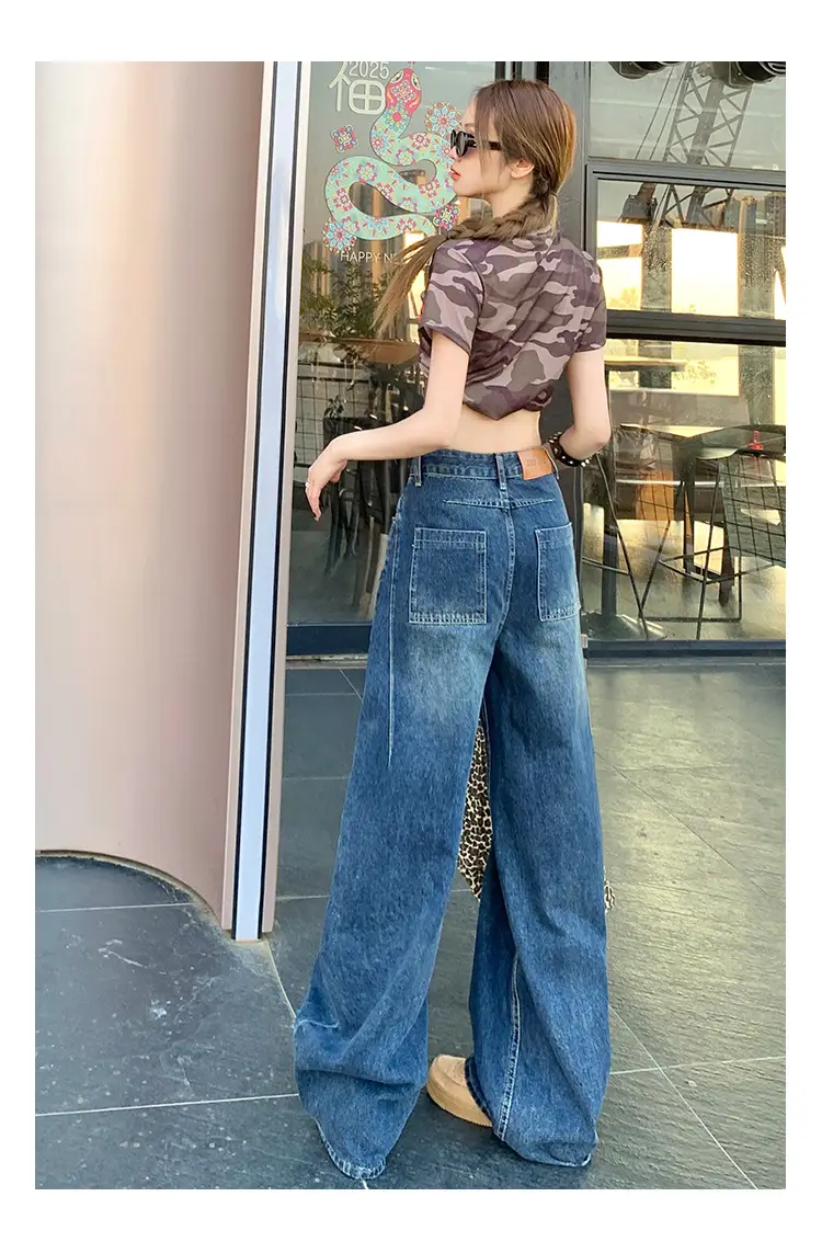 Women Retro Dark Blue High-Waist Jeans Wide Leg Floor Length — feature 12