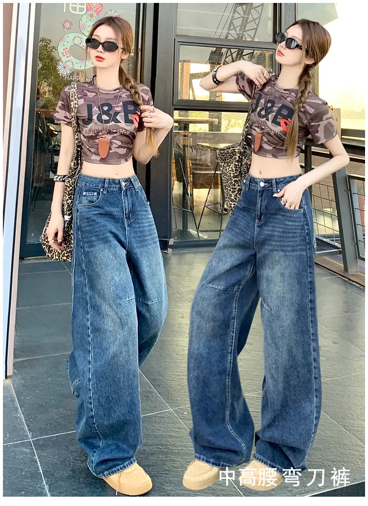 Women Retro Dark Blue High-Waist Jeans Wide Leg Floor Length — feature 3