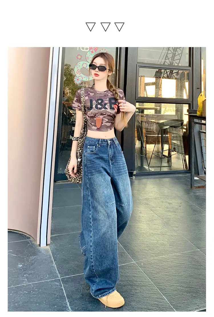 Women Retro Dark Blue High-Waist Jeans Wide Leg Floor Length — feature 4