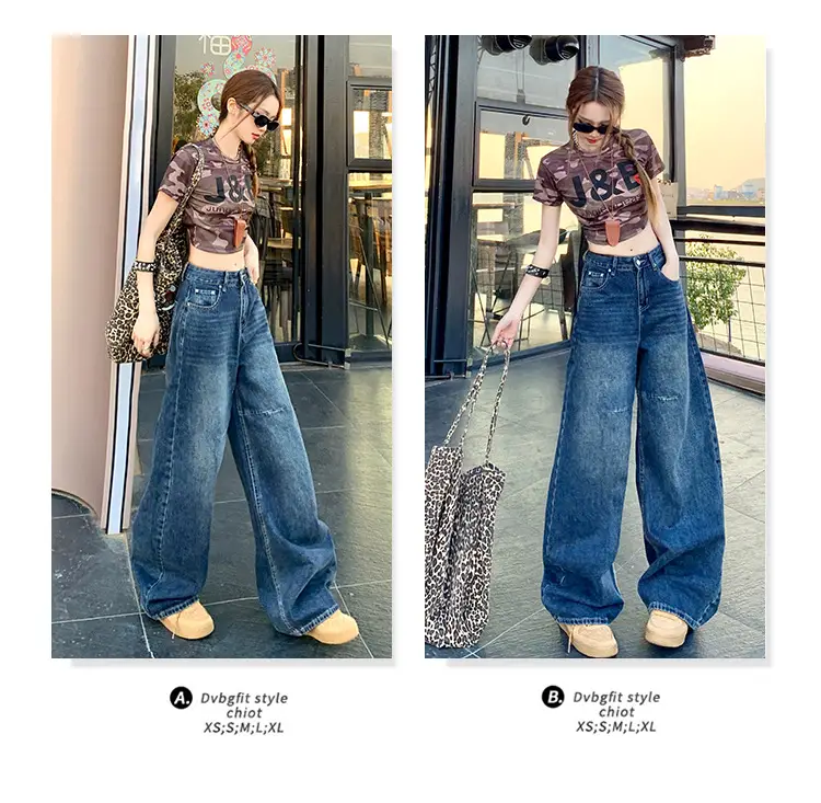 Women Retro Dark Blue High-Waist Jeans Wide Leg Floor Length — feature 5