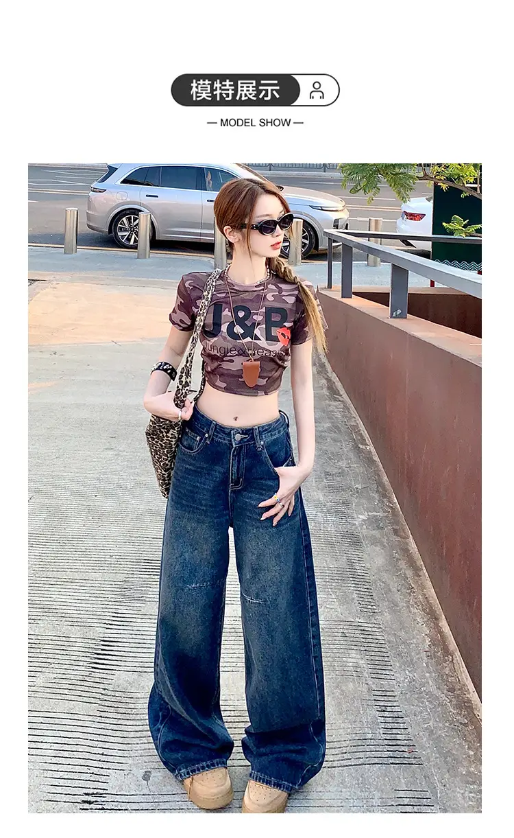 Women Retro Dark Blue High-Waist Jeans Wide Leg Floor Length — feature 6