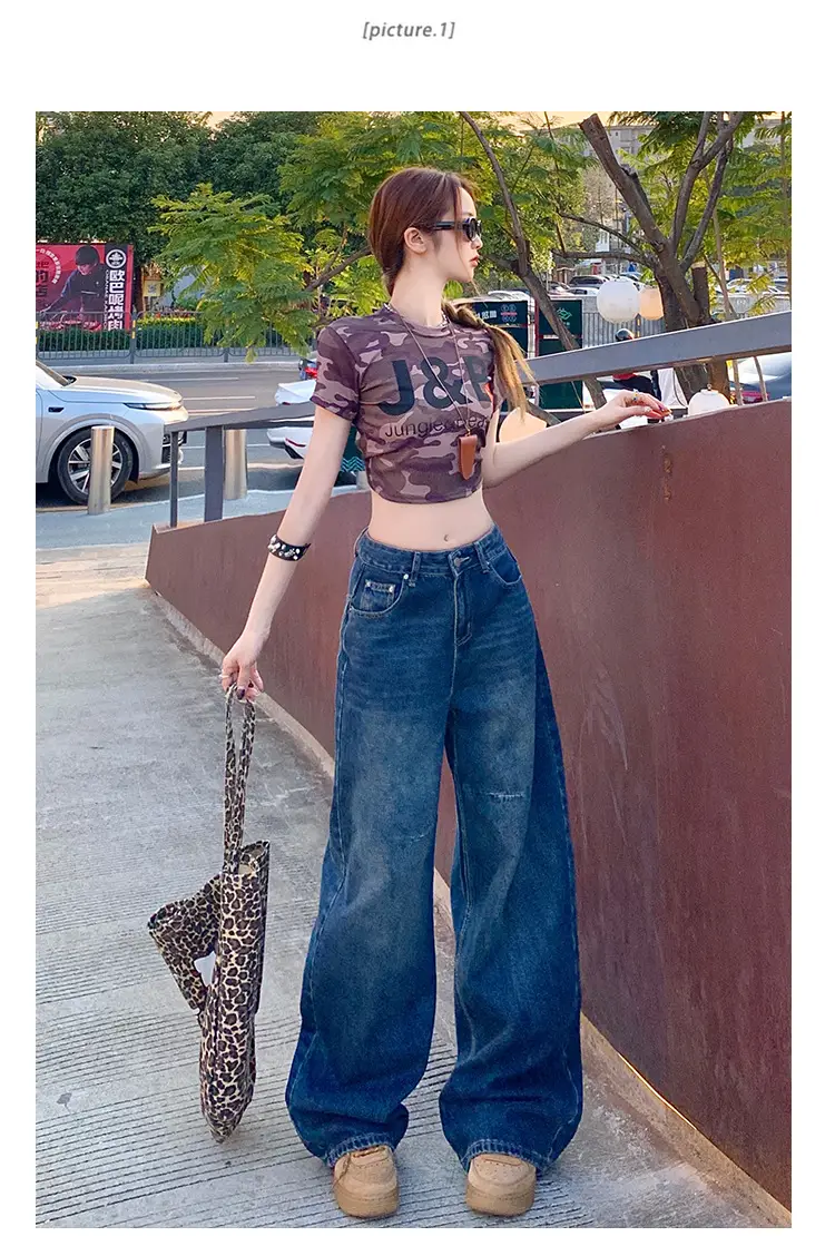 Women Retro Dark Blue High-Waist Jeans Wide Leg Floor Length — feature 7