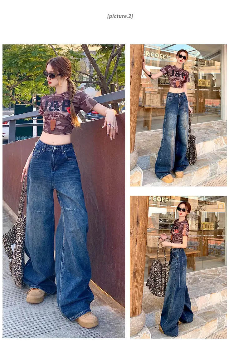 Women Retro Dark Blue High-Waist Jeans Wide Leg Floor Length — feature 8