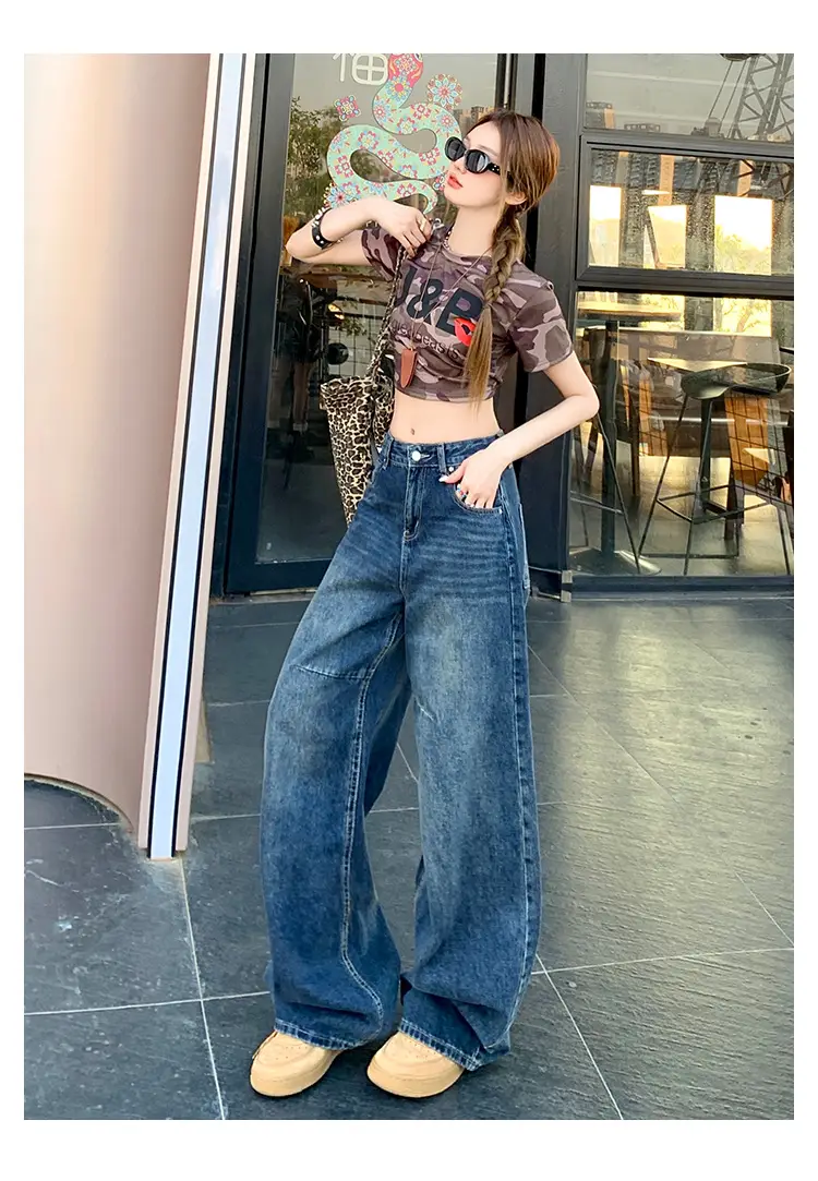 Women Retro Dark Blue High-Waist Jeans Wide Leg Floor Length — feature 9