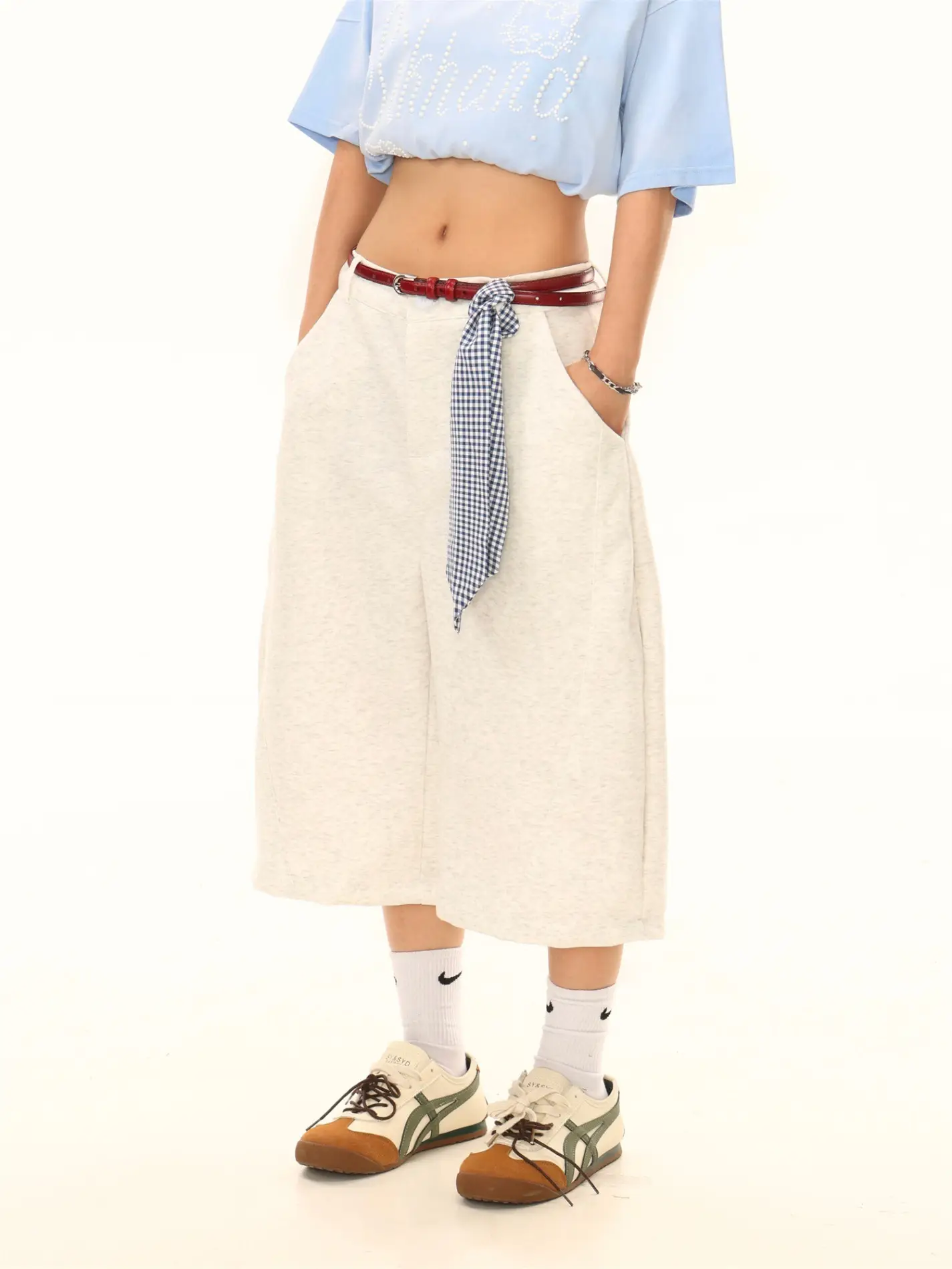 Men's Cropped Pants with Belt & Checkered Tie — feature 3
