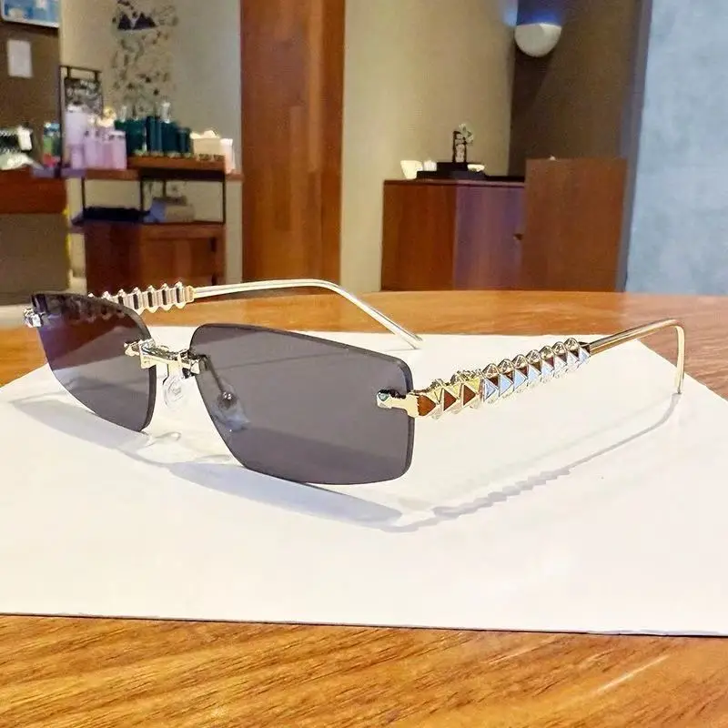 Women Rimless Sunglasses High-End Metal Rivet Legs Rose Gold - Image 9