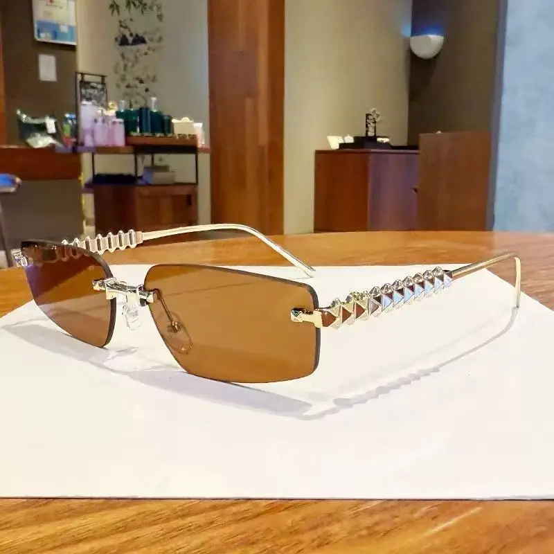 Women Rimless Sunglasses High-End Metal Rivet Legs Rose Gold - Image 10