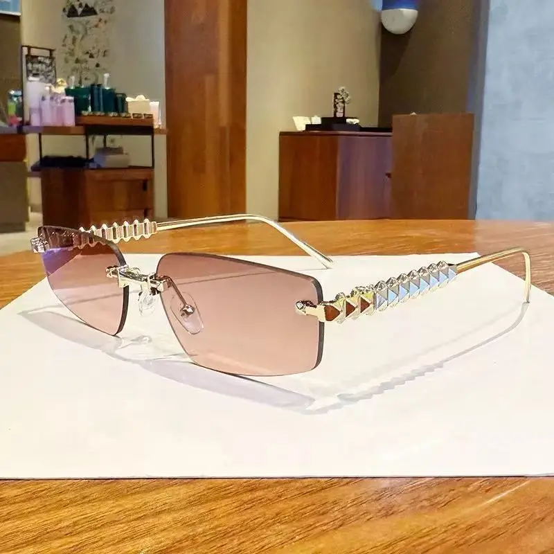 Women Rimless Sunglasses High-End Metal Rivet Legs Rose Gold - Image 11