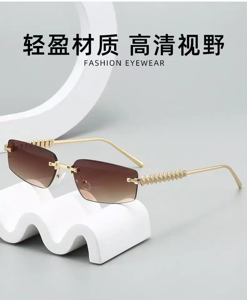 Women Rimless Sunglasses High-End Metal Rivet Legs Rose Gold — feature 2