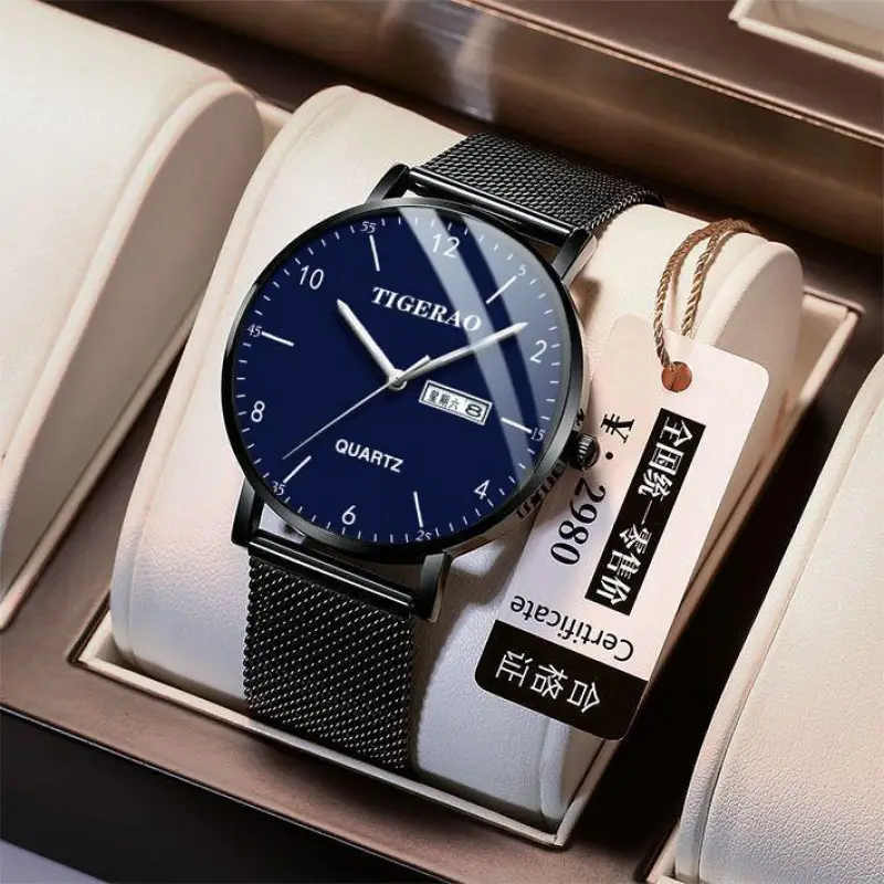 Men's Black Quartz Mechanical Watch with Dual Calendar & Luminous Dial - Image 2