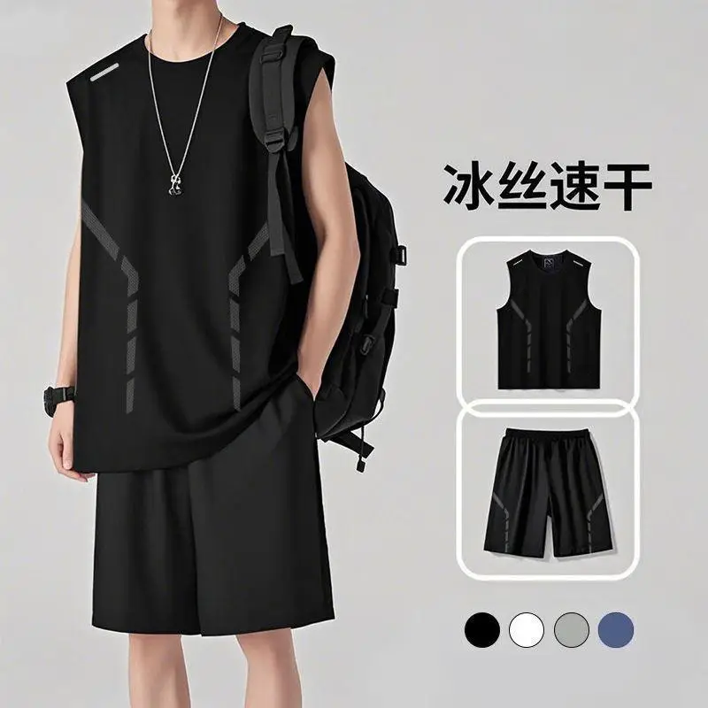 Quick-Drying Breathable Running Sports Suit Men's Summer Ice Silk Sleeveless Vest Shorts New Casual Two-Piece Set