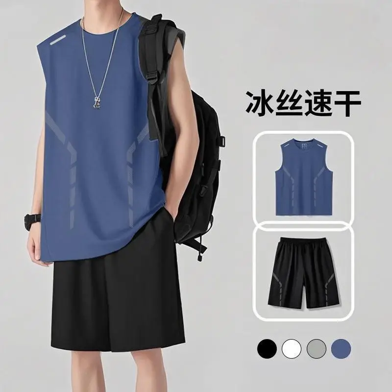Quick-Drying Breathable Running Sports Suit Men's Summer Ice Silk Sleeveless Vest Shorts New Casual Two-Piece Set