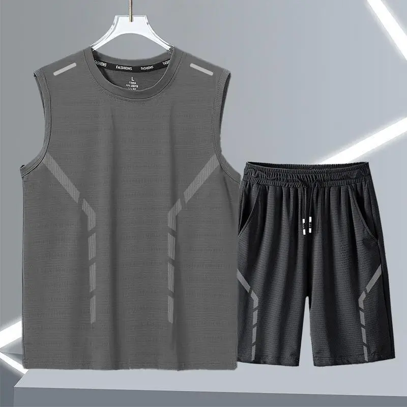 Quick-Drying Breathable Running Sports Suit Men's Summer Ice Silk Sleeveless Vest Shorts New Casual Two-Piece Set